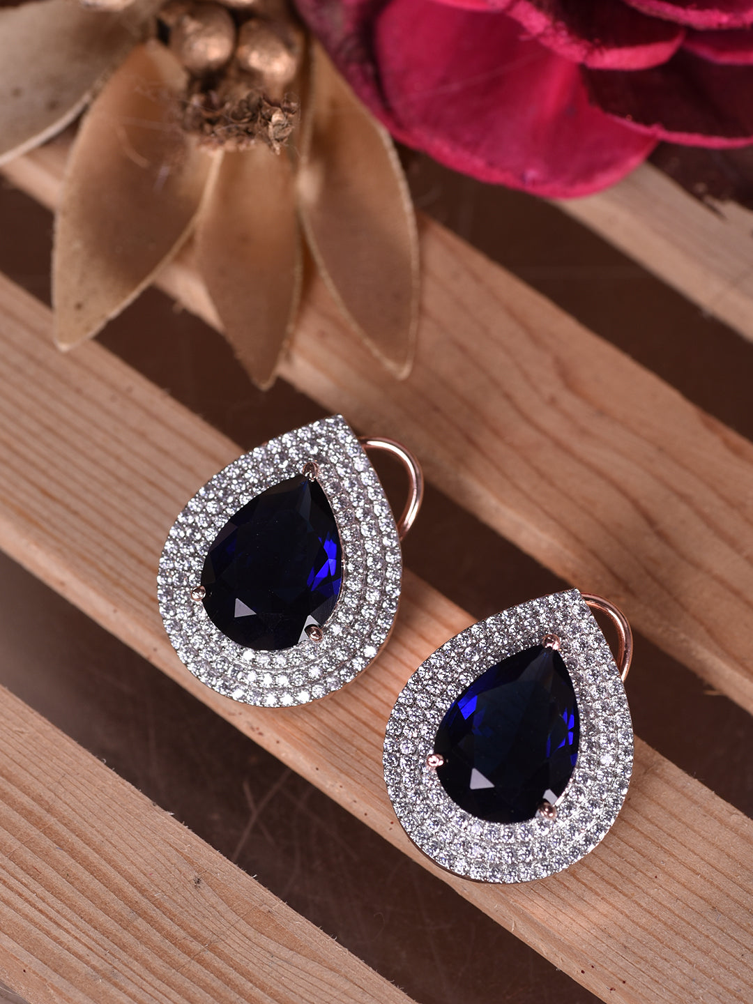 Women Blue & White Rose GoldPlated Teardrop Shaped Studs Earrings, zaveri pearls, sale price rs, sale price, sale gold plated, sale gold, sale, rubans, ring, regular price, priyassi jewellery